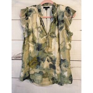 Haver London Womens Green Watercolor Floral Ruffle Tassel Blouse Medium Romantic